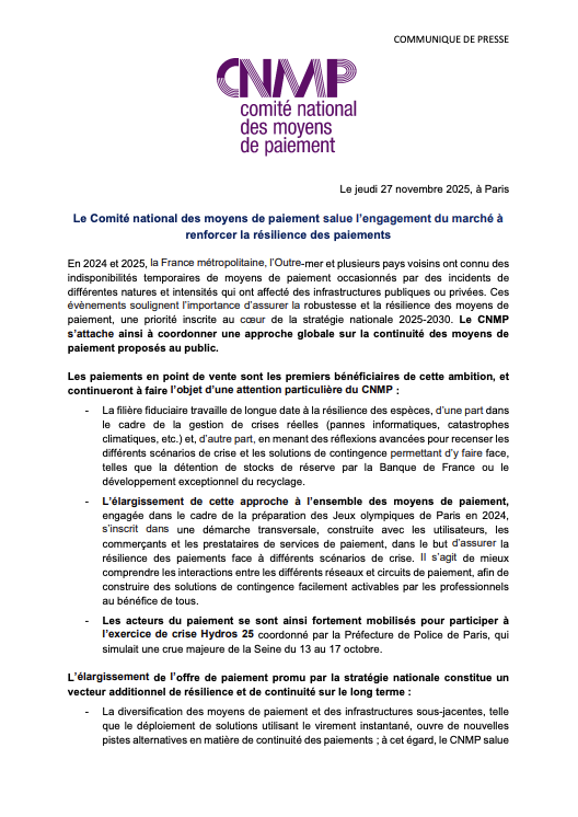 Le Comité national des moyens de paiement salue l'engagement du marché à renforcer la résilience des paiements